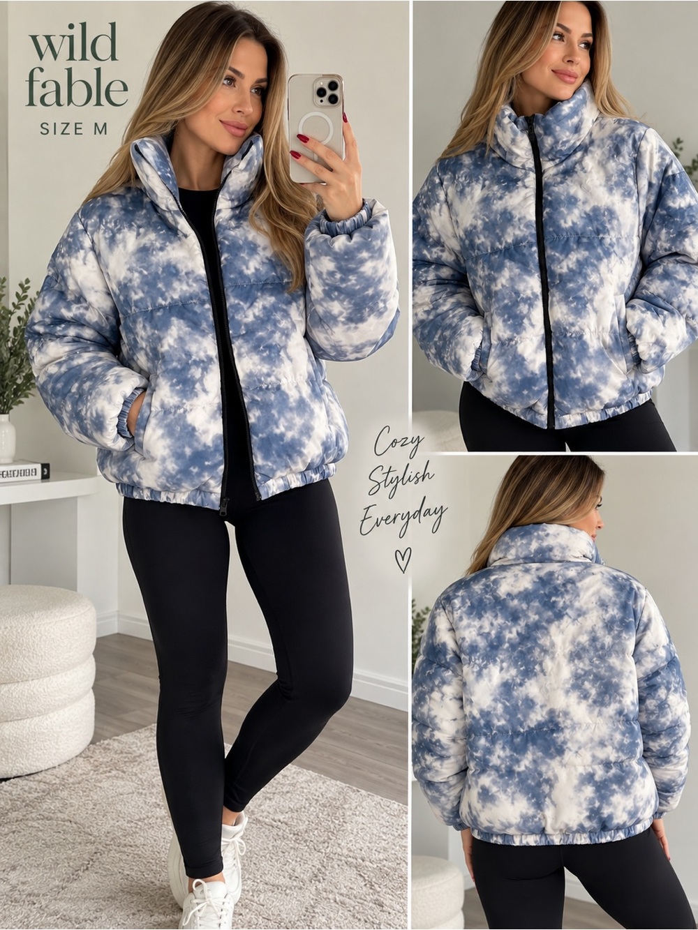 Wild Fable Blue Tie-Dye Puffer Jacket - Women's Sz M